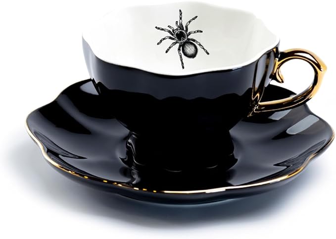 Spider Black Teacup and Saucer With Gold Trim