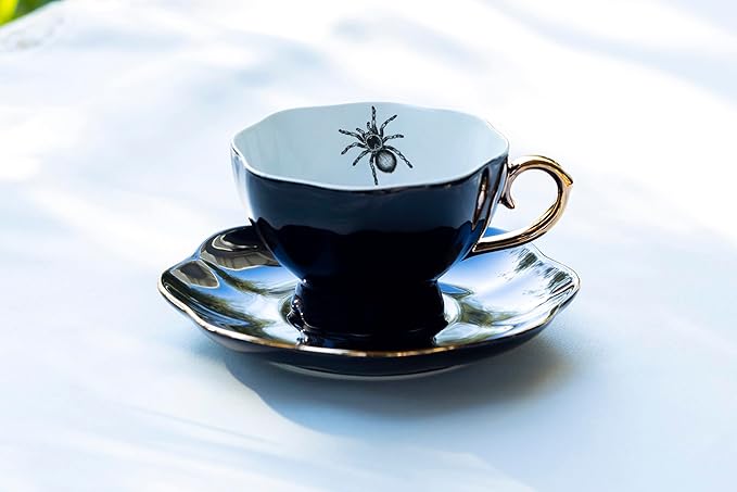 Spider Black Teacup and Saucer With Gold Trim