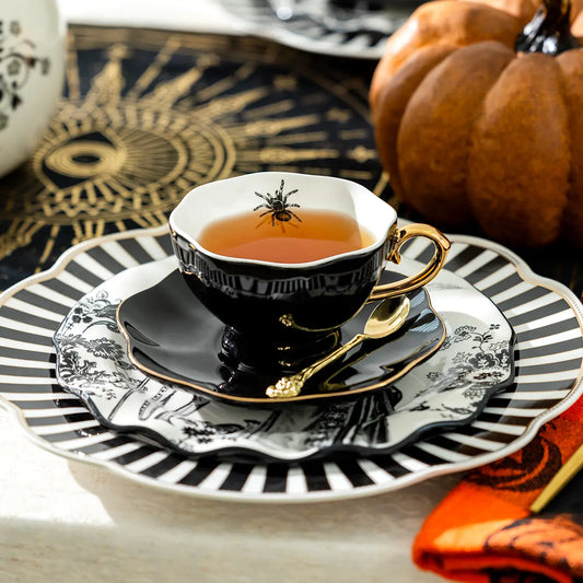 Spider Black Teacup and Saucer With Gold Trim