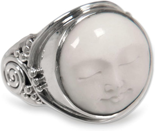 Face Of The Moon Carved Bone Sterling Silver Ring